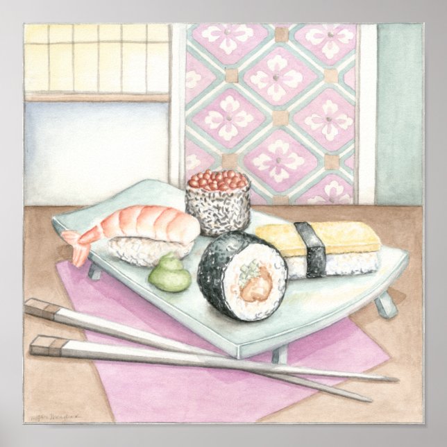 Plate of Assorted Sushi with Chopsticks Poster (Front)