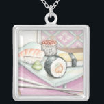 Plate of Assorted Sushi with Chopsticks Silver Plated Necklace<br><div class="desc">Megan Meagher painted this yummy plate of assorted sushi,  complete with a pair of chopsticks to help you enjoy the meal. You can almost taste this wonderful snack! Buy your print today!</div>