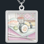 Plate of Assorted Sushi with Chopsticks Silver Plated Necklace<br><div class="desc">Megan Meagher painted this yummy plate of assorted sushi,  complete with a pair of chopsticks to help you enjoy the meal. You can almost taste this wonderful snack! Buy your print today!</div>