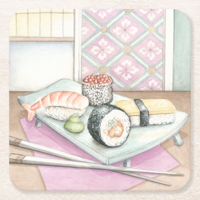 Plate of Assorted Sushi with Chopsticks Square Paper Coaster (Front)