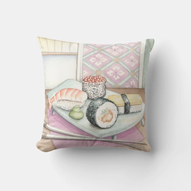 Plate of Assorted Sushi with Chopsticks Throw Pillow (Front)