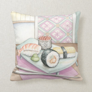Plate of Assorted Sushi with Chopsticks Throw Pillow