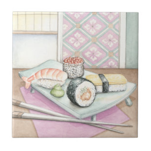 Plate of Assorted Sushi with Chopsticks Tile