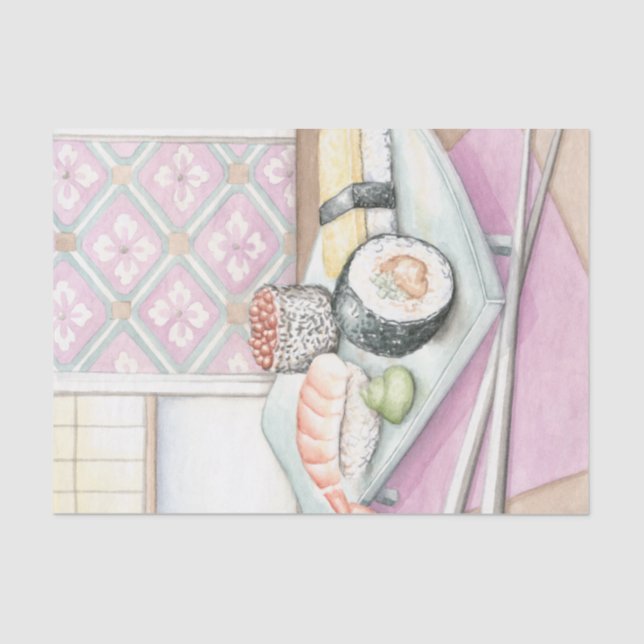 Plate of Assorted Sushi with Chopsticks Tissue Paper (Front)