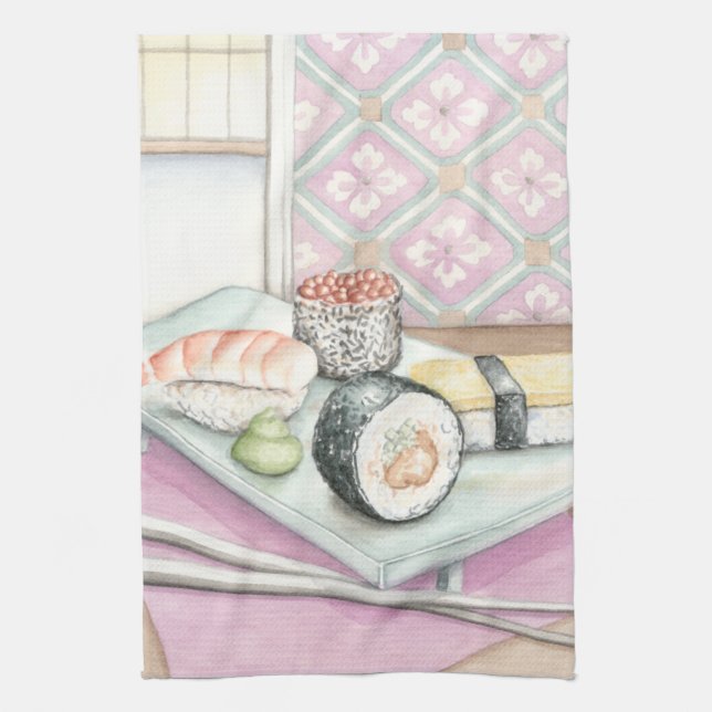 Plate of Assorted Sushi with Chopsticks Towel (Vertical)