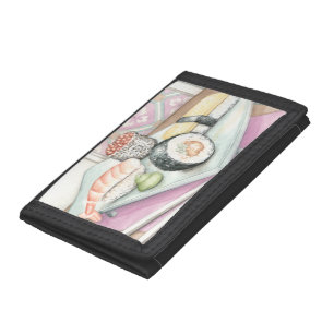 Plate of Assorted Sushi with Chopsticks Trifold Wallet