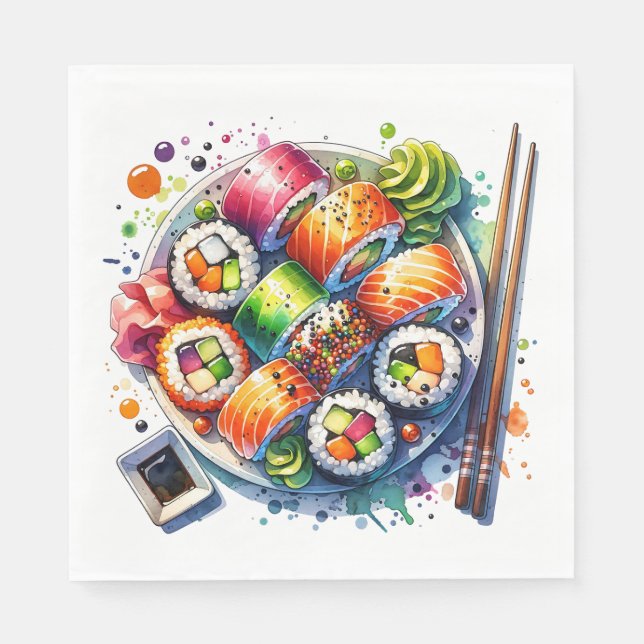 Plate of Sushi, Soy Sauce and Chopsticks Birthday Napkins (Front)
