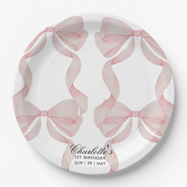 plate Pink Bow Paper Plate 1st birthday (Front)