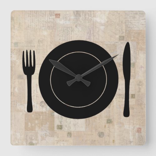 Plate Setting Fork Knife Spoon Vintage Stamps Square Wall Clock