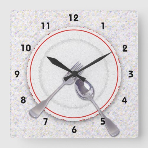 Plate with Fork and Spoon Square Wall Clock