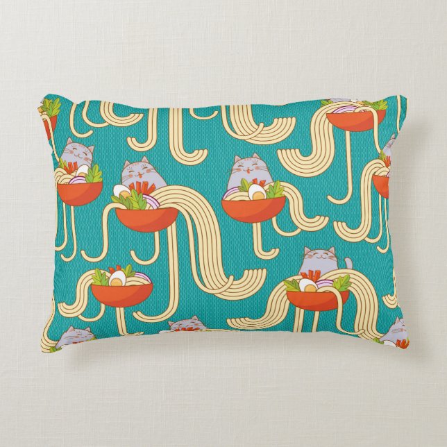 Plates of noodles and funny cats. Noodles with spi Accent Pillow (Front)