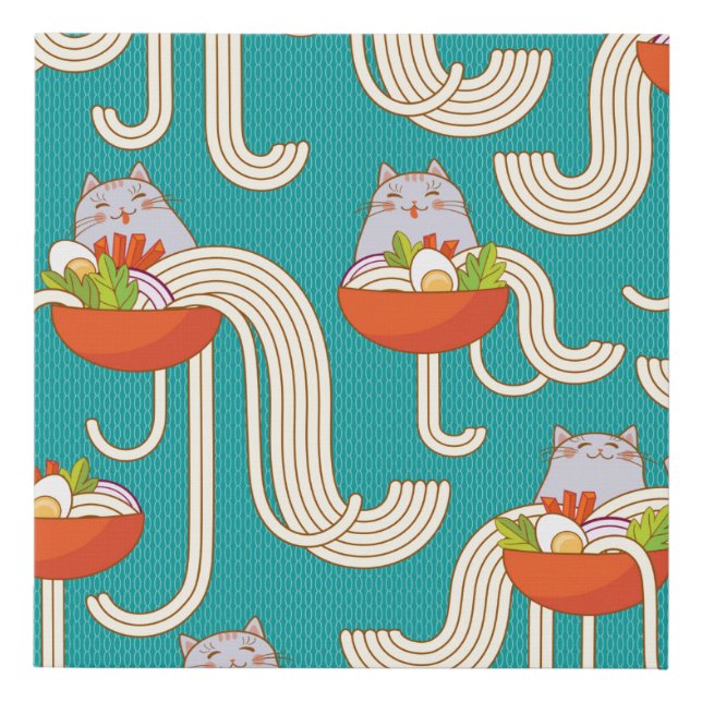 Plates of noodles and funny cats. Noodles with spi Faux Canvas Print (Front)