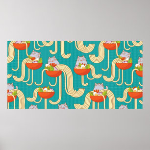 Plates of noodles and funny cats. Noodles with spi Poster