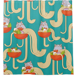 Plates of noodles and funny cats. Noodles with spi Shower Curtain