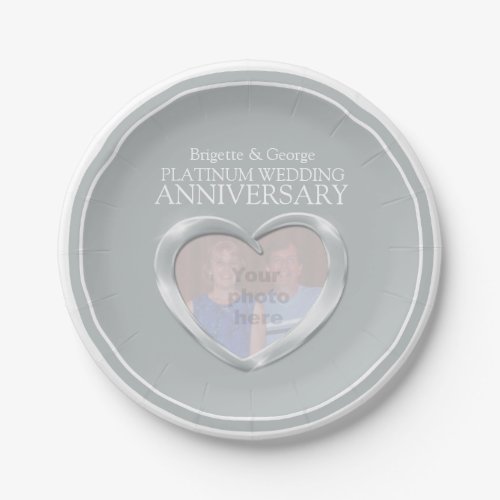 Platinum 70th Anniversary photo heart paper plate