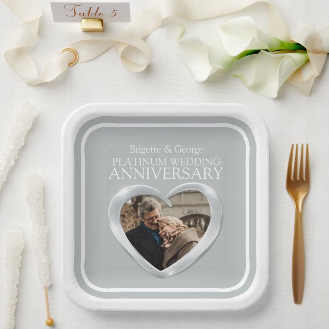Platinum 70th Anniversary photo heart square Paper Plates (Wedding)