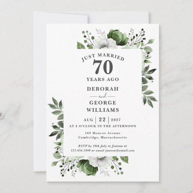Platinum 70th Wedding Anniversary Monogram Floral  Invitation (Front)
