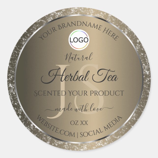 Platinum Beige Logo Initials Glitter Product Label (Front)