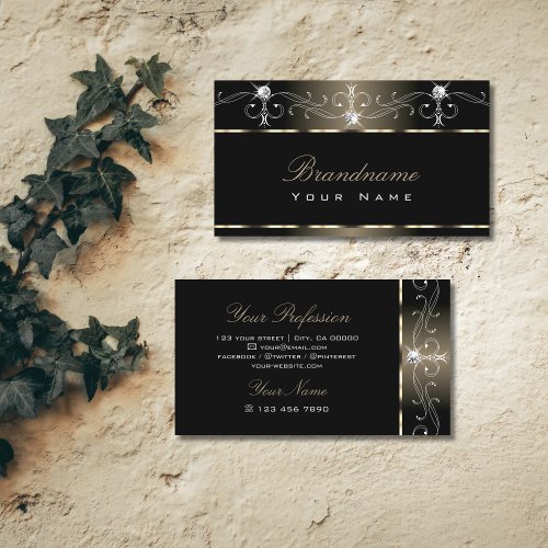 Platinum Black Squiggles Ornate and Sparkle Jewels Business Card