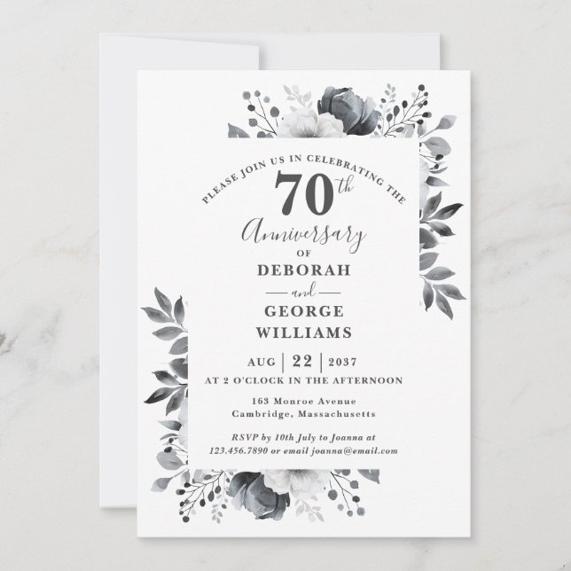 Platinum Botanical 70th Wedding Anniversary  Invitation (Front)