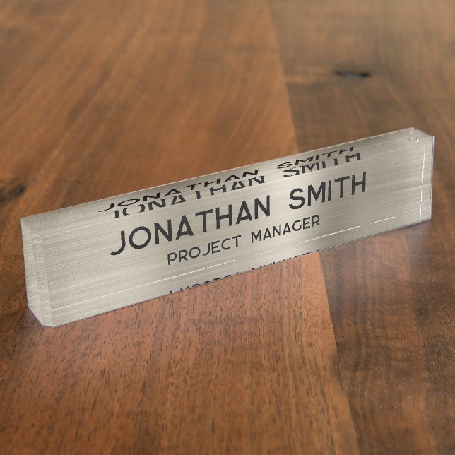 Platinum Brushed Metal Minimalist Name Desk Name Plate (Side)
