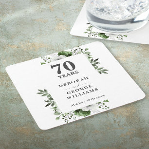 Platinum Elegant Floral 70th Wedding Anniversary  Square Paper Coaster