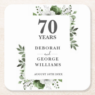 Platinum Elegant Floral 70th Wedding Anniversary Square Paper Coaster