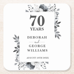 Platinum Elegant Floral 70th Wedding Anniversary Square Paper Coaster