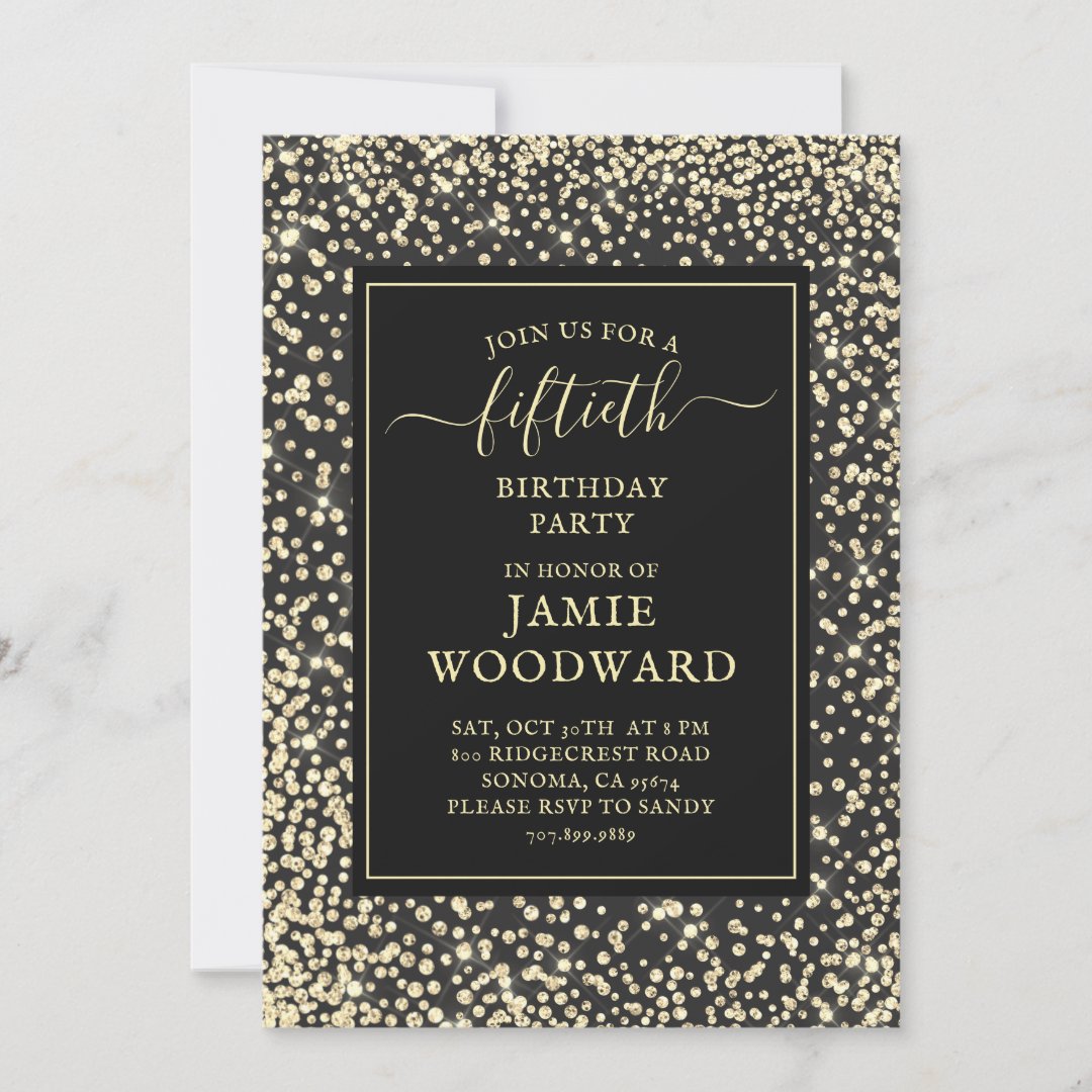 Platinum Glitter Black 50th Birthday Party Invita Invitation | Zazzle