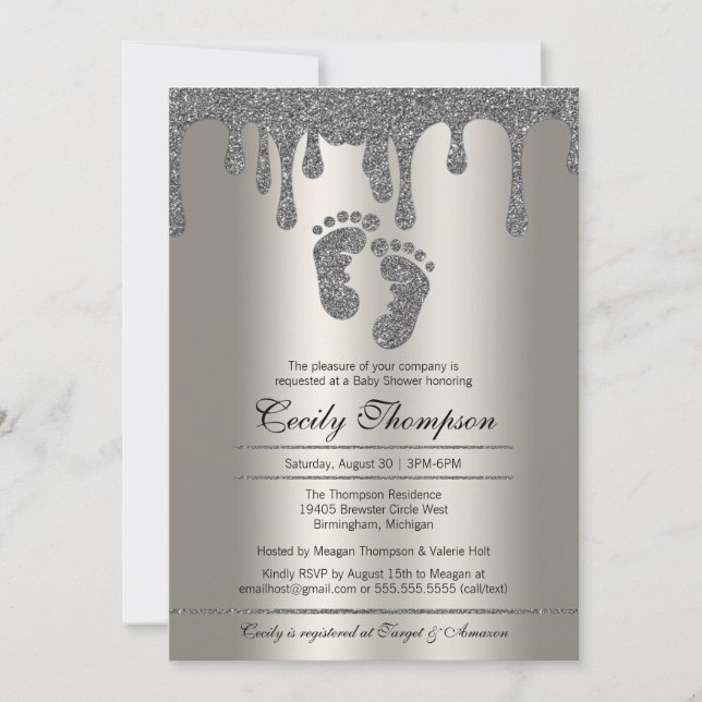 Platinum Glitter Drip Luxury Baby Feet Shower Invitation (Front)