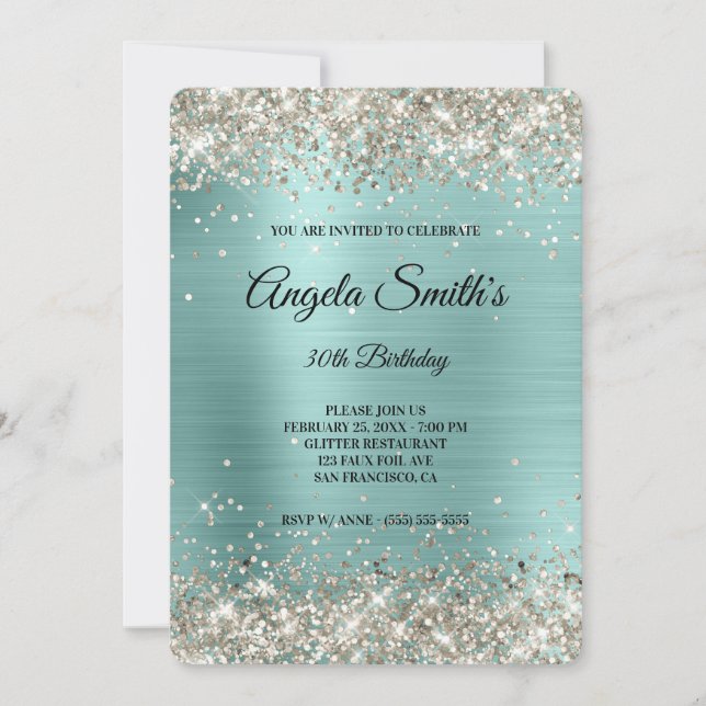 Platinum Glitter Turquoise Foil Fancy Monogram Invitation (Front)