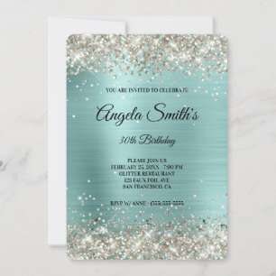 Platinum Glitter Turquoise Foil Fancy Monogram Invitation