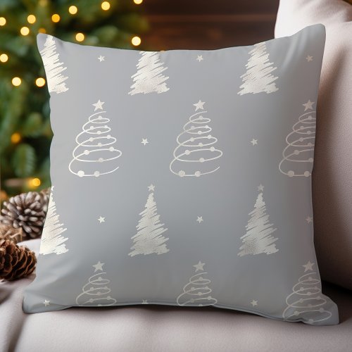 Platinum Gray Fancy Christmas Tree Holiday Pattern Throw Pillow