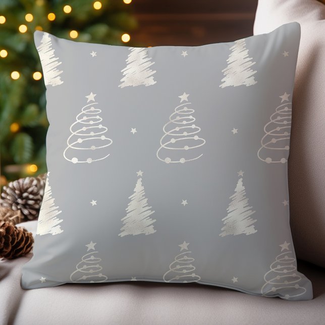 Platinum Gray Fancy Christmas Tree Holiday Pattern Throw Pillow (Creator Uploaded)