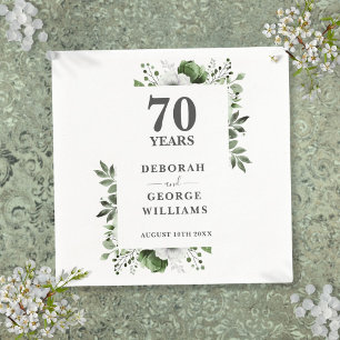 Platinum Greenery Floral 70th Wedding Anniversary Napkins