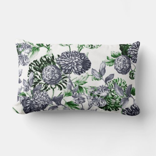 Platinum Grey Green Modern Botanical Floral Toile Lumbar Pillow