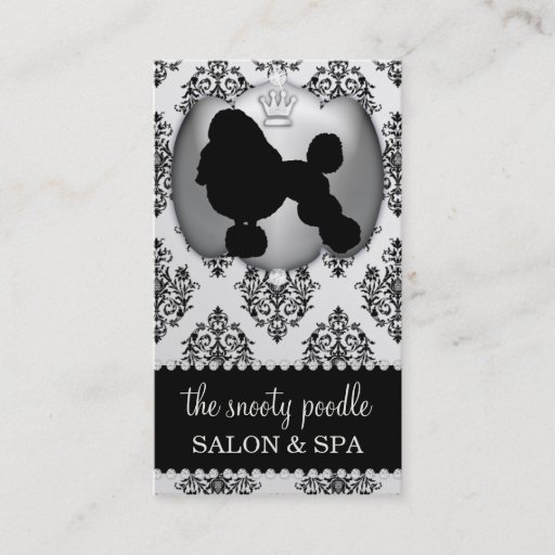 Customizable Platinum Grey Jeweled Damask Dog Grooming/Spa Business Card