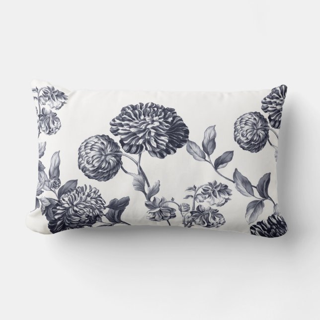 Platinum Grey Modern Botanical Floral Toile Lumbar Pillow (Front)