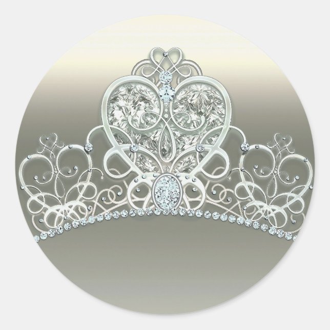 Platinum Ivory Princess Heart Tiara Birthday Party Classic Round Sticker (Front)
