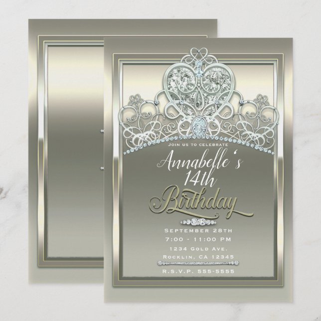 Platinum Ivory Princess Heart Tiara Birthday Party Invitation (Front/Back)