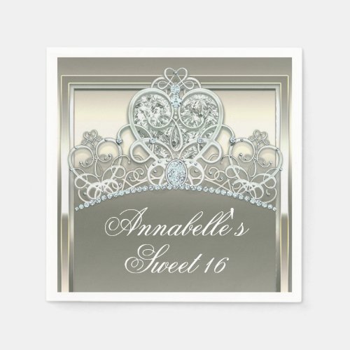 Platinum Ivory Princess Heart Tiara Birthday Party Napkins