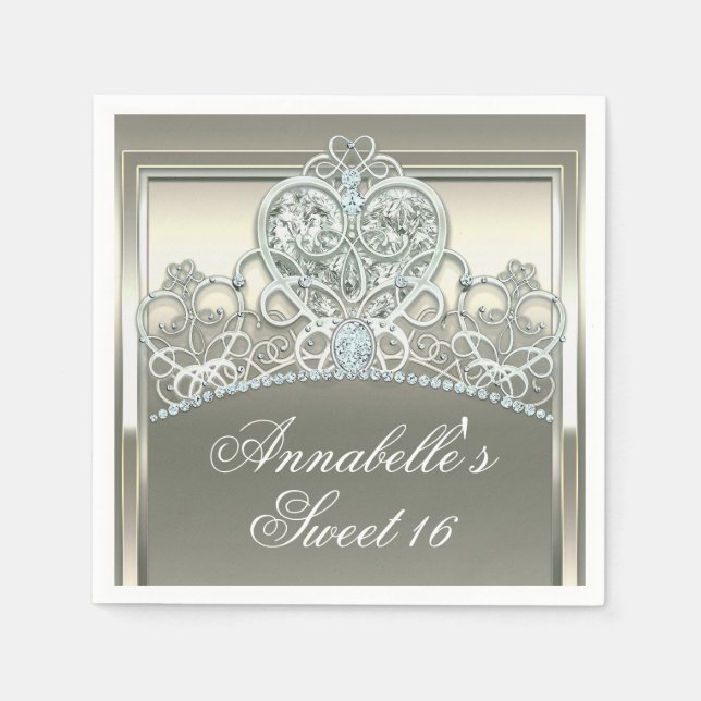 Platinum Ivory Princess Heart Tiara Birthday Party Napkins (Front)