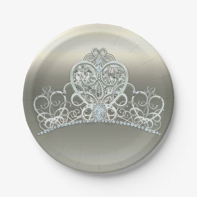 Platinum Ivory Princess Heart Tiara Birthday Party Paper Plates (Front)