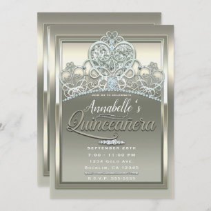 Platinum Ivory Princess Heart Tiara Quinceañera Invitation