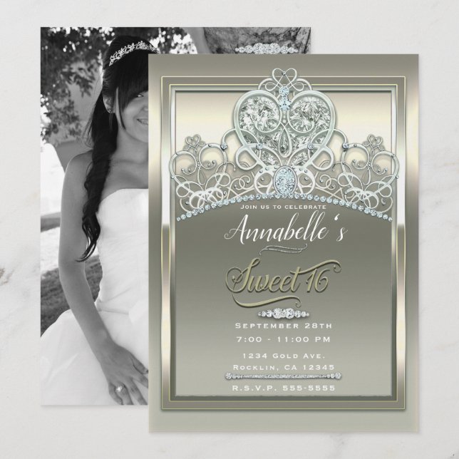 Platinum Ivory Princess Heart Tiara Sweet 16 Party Invitation (Front/Back)