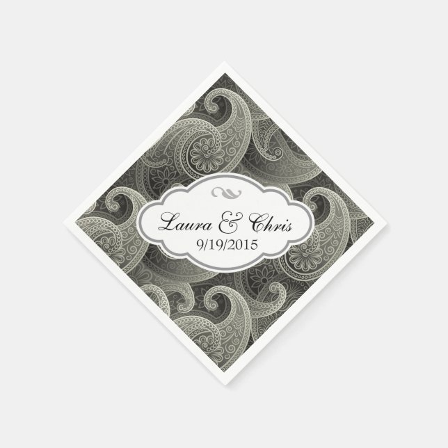 Platinum Paisley Elegant Wedding Personalized Paper Napkins (Corner)