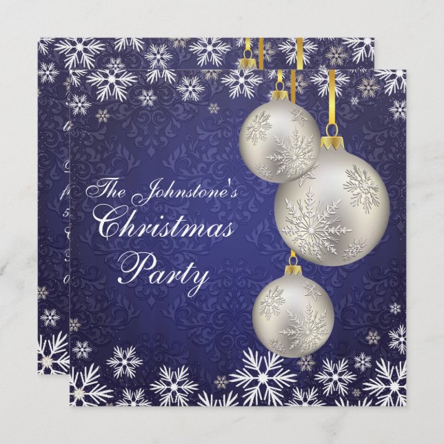 Platinum Silver Christmas Balls Blue Invitation (Front/Back)