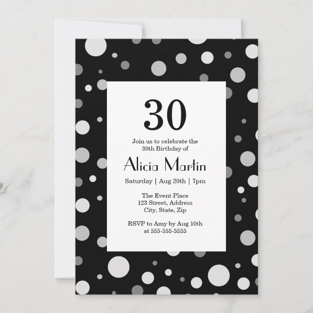 Platinum Silver Gray Polka Dot Black 30 Birthday Invitation (Front)