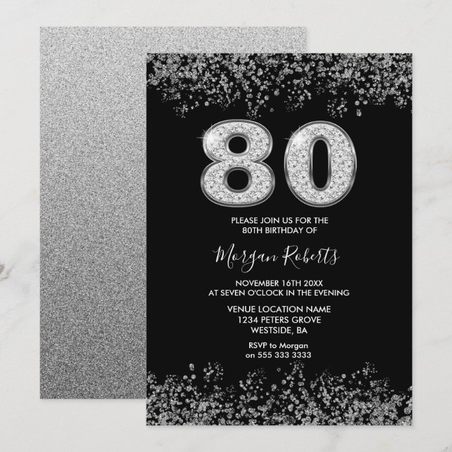Platinum Silver Mens Womans 80th Birthday Party Invitation (Front/Back)