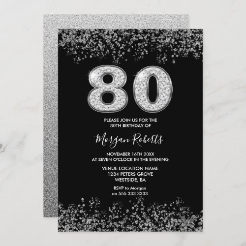 Platinum Silver Mens Womans 80th Birthday Party Invitation